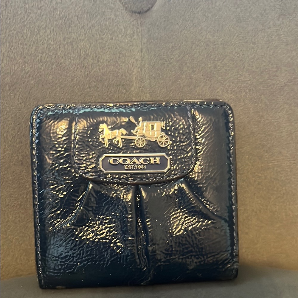 Coach Shiny Navy Blue Leather Wallet with silver Accent